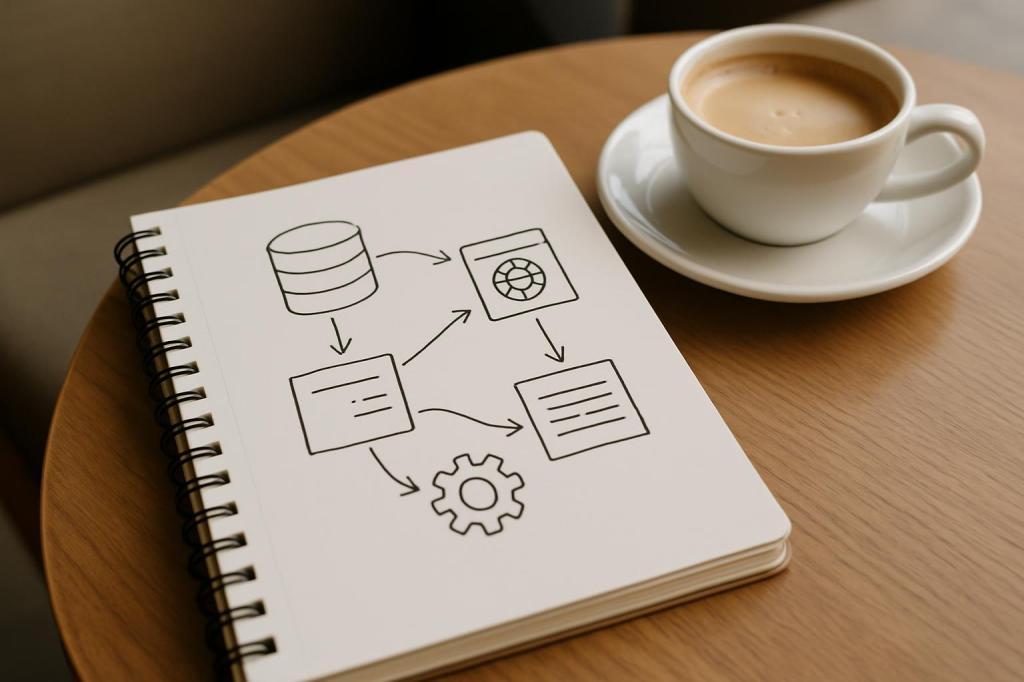 A notebook with a hand-drawn diagram, featuring arrows and symbols, sits alongside a cup of coffee on a wood table.