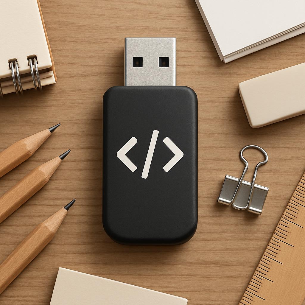 A top-down photograph of a USB drive surrounded by office supplies on a wood grain surface.