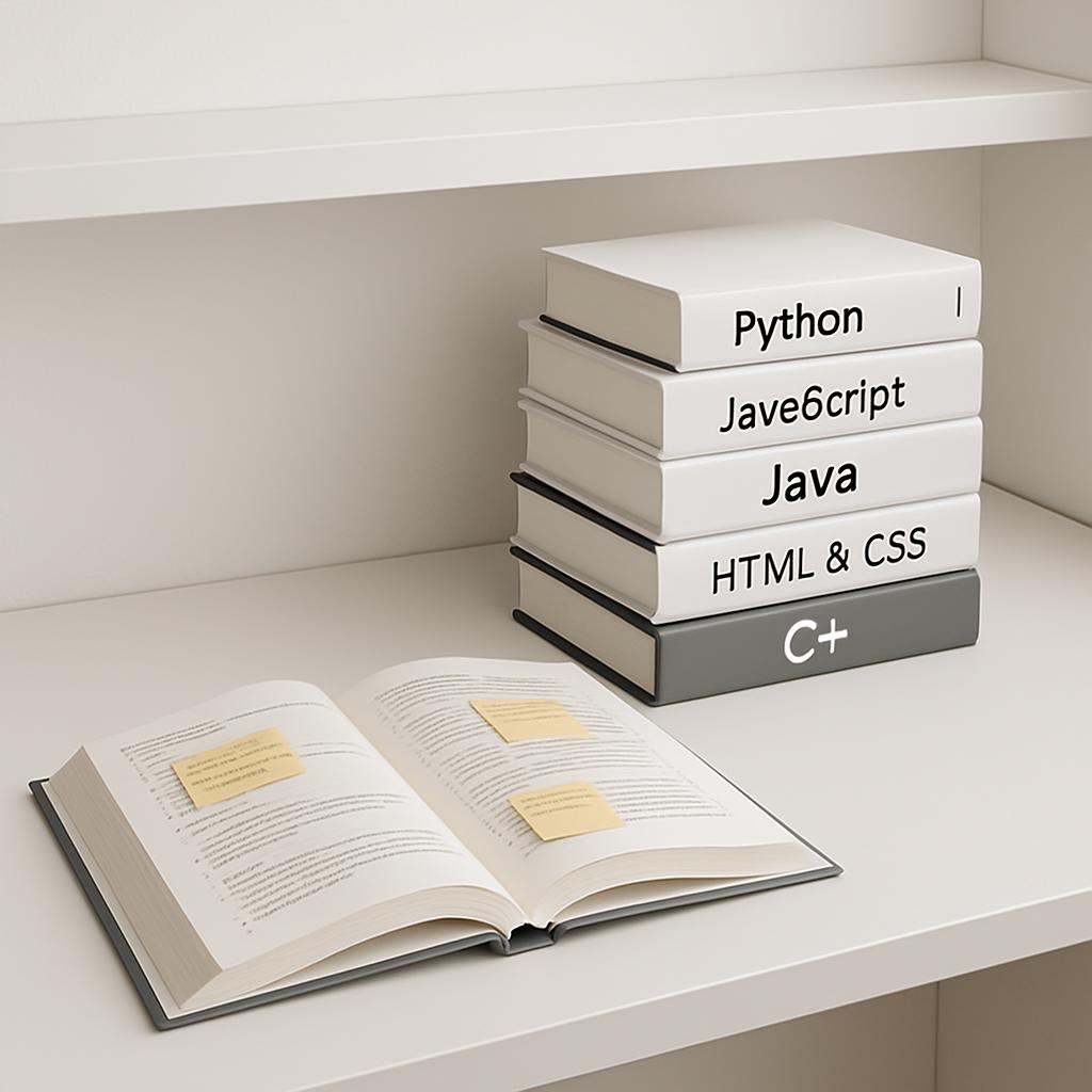 A stack of books for Python, JavaScript, Java, HTML and CSS, and C++, along with an open book featuring two yellow sticky ...