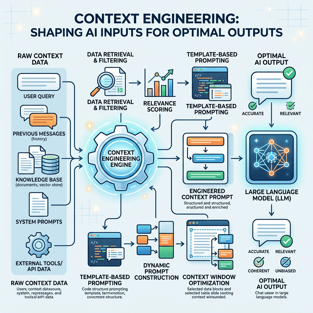 Diagram showing context engineering process from raw data to optimal AI output